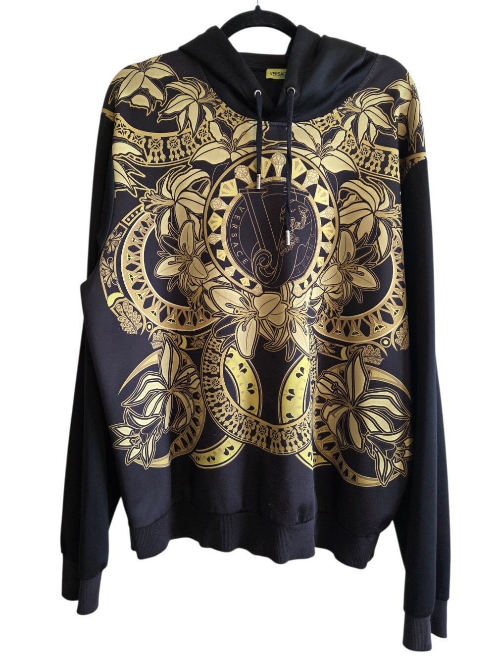 Versace Jeans Couture Black and Gold Baroque Floral Crewneck Hoodie Sz XXXL